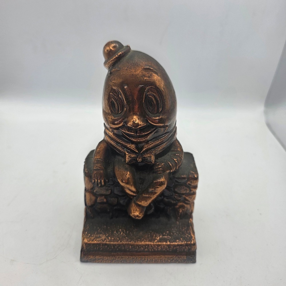 Vintage Humpty Dumpty Bronze Tone Metal Coin Bank Sitting on Wall Figurine